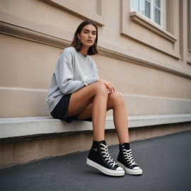 1pc Agatha All Along High-Top Sneakers - Breathable, Non-Slip, Thick Sole, Round Toe, Lace-Up Casual Shoes with Witchcraft Journey Design, Black & White, Unisex for Everyday Wear, Casual Footwear | Stylish High Tops | Durable Rubber Sole