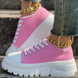 Round-Toed Thick-Soled Platform Shoes Paired with Lace-Up Solid Color Casual Sneakers