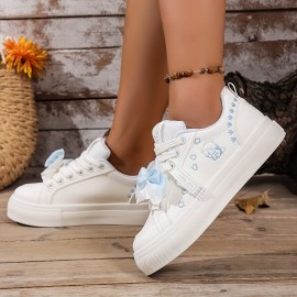 Women's Low-Top Sneakers - Lace-Up Shoes with Bow Accent, Synthetic Cover Upper & Non-Slip Rubber Sole - White & Pastel Blue Everyday Casual Shoes for Women - All-Season Fashion Footwear, Versatile Footwear, Playful Design, Comfortable Lining, Trendy Shoppers