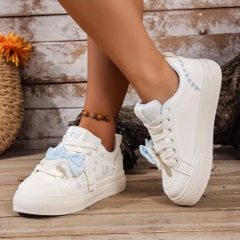 Women's Low-Top Sneakers - Lace-Up Shoes with Bow Accent, Synthetic Cover Upper & Non-Slip Rubber Sole - White & Pastel Blue Everyday Casual Shoes for Women - All-Season Fashion Footwear, Versatile Footwear, Playful Design, Comfortable Lining, Trendy Shoppers
