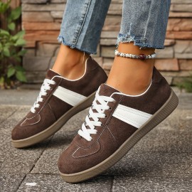 [Retro Low-Top Sneakers] Women's Retro Low-Top Sneakers - Brown & White Lace-Up Shoes, Breathable Fabric Upper & Cushioned Rubber Sole for Everyday, Office, Formal Events - All-Season Minimalist Sneakers for Women, Ladies Sneakers, Casual Footwear, Classic Laceup Design, Durable Traction Footwear, Office Footwear, Vintage Style, Comfortable Fit, Lifestyle, Women's Sneaker, Comfortable And Elegant Shoes For Women