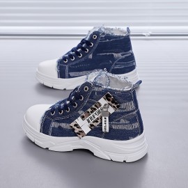 [Distressed High-Top Sneakers] Distressed High-Top Sneakers for Women | Fashion Casual Style, Thick Sole, Lace-Up Closure, All-Season Wear - Blue Jean Styl