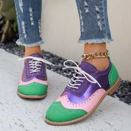 Women's Large Size Brogue Lace-Up Shoes - Vibrant Purple/Pink/Green/Black/Golden/Blue/Pinkish-Purple/Greenish-Purple, Round Toe Low-Top Ankle Boots with PU/PVC Sole, All-Season Casual & Formal Dress Shoes for Everyday & Special Occasions, Comfortable & Durable with EVA/Rubber Insole, PVC Lining, and Stylish Brogue Detailing for a Chic Look, Extra Wide Width Shoes for Women, Womens Casual Sneakers, Wide Fit Shoes for Women Plus Size, Coloured Sneakers for Women,