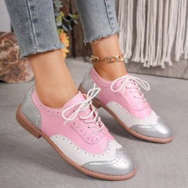 Women's Large Size Brogue Lace-Up Shoes - Vibrant Purple/Pink/Green/Black/Golden/Blue/Pinkish-Purple/Greenish-Purple, Round Toe Low-Top Ankle Boots with PU/PVC Sole, All-Season Casual & Formal Dress Shoes for Everyday & Special Occasions, Comfortable & Durable with EVA/Rubber Insole, PVC Lining, and Stylish Brogue Detailing for a Chic Look, Extra Wide Width Shoes for Women, Womens Casual Sneakers, Wide Fit Shoes for Women Plus Size, Coloured Sneakers for Women,