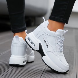 [White PU Sneakers] White PU Women's Sneakers | Breathable, Lace-Up, Low Top Athletic Shoes for Casual and Sporty Wear | Minimalist Design, Comfortable Footwear, Air Cushion Sole