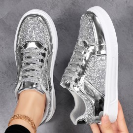 Women'S Glitter Golden Low-Top Sneakers - Lace-Up Casual Shoes with Sequin Detailing, PU Upper & EVA Sole, All-Season Comfort for Running, Travel & Daily Wear, Ladies Sneakers, Stylish Laceups, Durable Comfort
