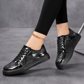 Women'S Glitter Golden Low-Top Sneakers - Lace-Up Casual Shoes with Sequin Detailing, PU Upper & EVA Sole, All-Season Comfort for Running, Travel & Daily Wear, Ladies Sneakers, Stylish Laceups, Durable Comfort