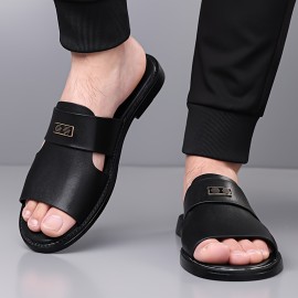 LL25222 Men's Stylish Black Slip-On Sandals - Super Fiber Synthetic, Round Toe, Rubber Sole, Summer Casual Comfort for Casual Attire