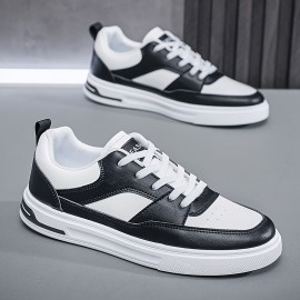 Men's Classic Low-Top Casual Sneakers - Black & White, Striped Design, Durable PU Material with Non-Slip Rubber Sole, Lace-Up Closure for Casual Attire, Street Style, and Outdoor Activities, Spring Summer, Simple Board Shoes