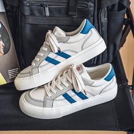 Men'S Summer Low-Top Casual Sneakers - White & Navy Blue Striped Design, Breathable Fabric Lining, Durable Faux Sole, Lace-Up Round Toe for Casual Attire, Streetwear Shoes | Stylish Stripes | Comfortable Fit