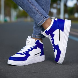 Unisex Mid-Top Sneakers - White & Blue accent, Lace-Up Closure, Cushioned MD Sole - All-Season Casual, Gym, Streetwear Shoes - Breathable Fabric Upper - for Men & Women - Everyday & Formal Events, Gym Footwear, Fashion Sporty Look, Comfortable Fit