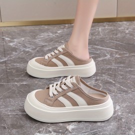 Beige Canvas Sneakers with White Laces - Round Toe, Rubber Sole, All-Season Comfort Shoes for Casual Attire, Casual Footwear | Round Toe Sneakers | Rubber Sole Shoes