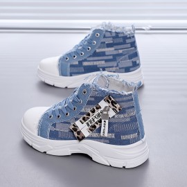 [Distressed High-Top Sneakers] Distressed High-Top Sneakers for Women | Fashion Casual Style, Thick Sole, Lace-Up Closure, All-Season Wear - Blue Jean Styl