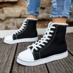 Women's High-Top Sneakers - 4 Colors (Black/White/Light Grey/Dark Brown) | Breathable Upper with Frayed Lace Edges | All-Season Round Toe Design | Cushioned PU Sole | Casual & Semi-Formal Wear | Hand Washable Everyday Shoes