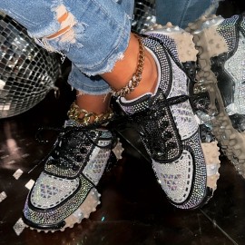 [Stylish Sneakers for Women] Stylish Women's Glittery Rhinestone-Embellished Low-Top Sneakers | Breathable PU Cover, Thick Cushioned Sole, Lace-Up Casual Shoes for All-Season Comfort, Ladies Sneakers, Comfortable Footwear, Durable Footwear