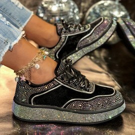 Women'S Glittery Rhinestone-Embellished Chunky Platform Sneakers - Black & White Low-Top Lace-Up Shoes with Round Toe, All-Season Comfort for Casual & Outdoor Wear, Ladies Sneakers, Shoe/sneaker For Women/lady, Basket For Women
