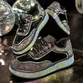 Women'S Glittery Rhinestone-Embellished Chunky Platform Sneakers - Black & White Low-Top Lace-Up Shoes with Round Toe, All-Season Comfort for Casual & Outdoor Wear, Ladies Sneakers, Shoe/sneaker For Women/lady, Basket For Women