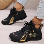 Women'S Comfortable Casual Sneakers - Stylish Black & Golden Dragon Design, Breathable Fabric & Synthetic Upper, Durable Rubber Sole, Lace-Up Low-Top Running Shoes for All-Season Wear, Ladies Sneakers