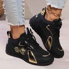 Women'S Comfortable Casual Sneakers - Stylish Black & Golden Dragon Design, Breathable Fabric & Synthetic Upper, Durable Rubber Sole, Lace-Up Low-Top Running Shoes for All-Season Wear, Ladies Sneakers