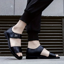 [Breathable Summer Sandals] Men's Genuine -like Strap (Second-Layer Cowhide) Adjustable Hook-and-Loop Sandals - Black Cushioned PU Insole & Non-Slip Rubber Sole - Breathable Summer Beach for Casual, Pool, Walking - Round-Toe Dress Sandals (No Laces)