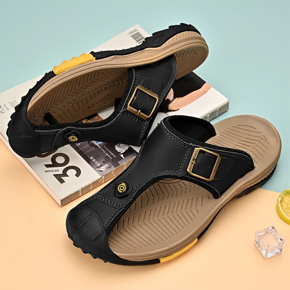 [Stylish Slide Sandals] Stylish Men's Summer Slide Sandals | Anti-Slip Soft Sole with Buckle Straps, Comfortable PU Upper & Rubber Sole for Outdoor Wear, Slipresistant Footwear, Textured Strap Pattern, Durable Traction Footwear