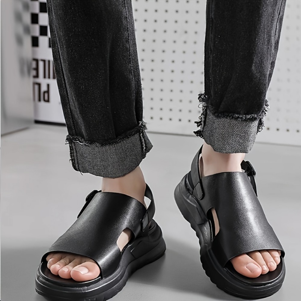 [Breathable Summer Sandals] Breathable Men's Summer Slip-On Beach Sandals | Anti-Slip Thick Rubber Sole, PU Upper for Outdoor Hiking, Casual Wear & Vacation | Black