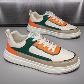 Men'S Summer Trendy Low-Top Sneakers - Casual & Street Style, Thick Sole, White & Orange Color Scheme, Synthetic Upper, Lace-Up Design for Casual Attire, Casual Footwear | Trendy Lowtops | Synthetic Sneakers