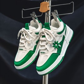 [Trendy Sneakers] Stylish Black & Yellow Men's Fashion Floral Contrast Sneakers | Low-Top Skate Shoes with Thick Lace-Up, Comfortable Rubber Sole for Casual and Outdoor Wear