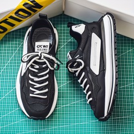 Men's Summer Casual Sneakers - Breathable Low-Top Lace-Up Shoes with Thick Cushioned Sole, White & Navy Blue Letter Print Design, PU/Fabric Upper & Outsole for Outdoor, Daily Wear & Street Style, Outdoor Sneakers, Fabric Lined Interior, Minimalist Design, Durable Construction, Active Lifestyle